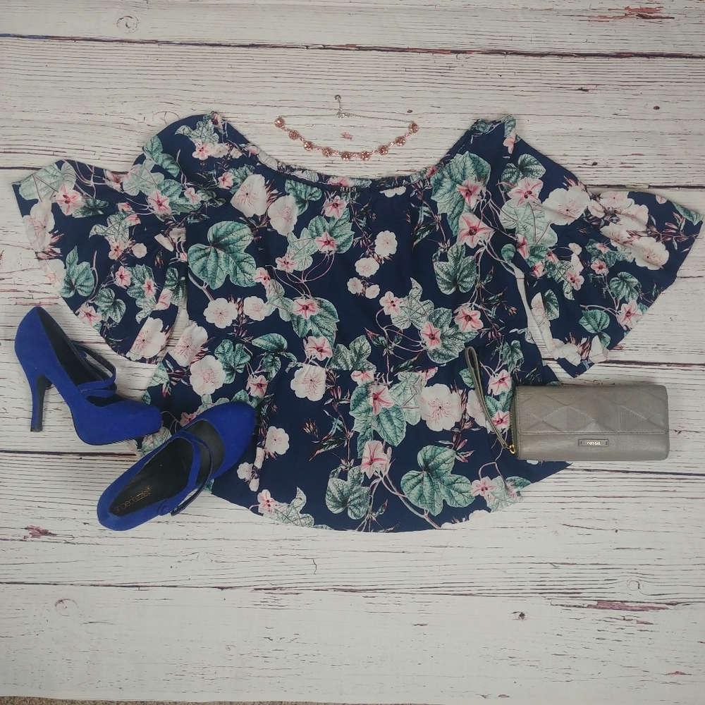 Navy Blue Floral a.n.a. Blouse with Bell Sleeves